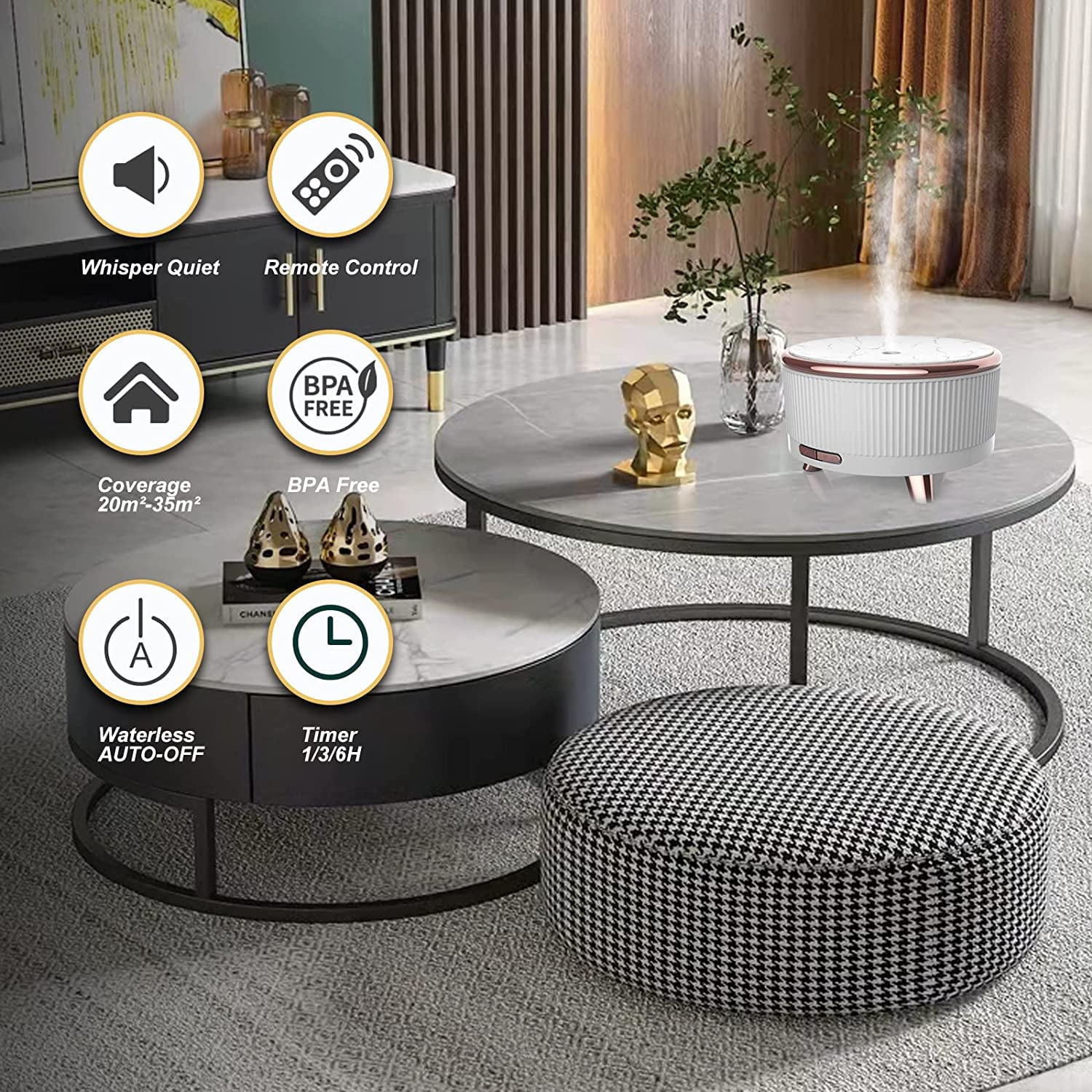 Diffusers for Essential Oils Large Room Humidifier, 500Ml Aromatherapy Diffuser Cool Mist Humidifier with Remote Control,7 Colors Lights & 3 Mist Mode Waterless Auto off for Women Office Home White - The Wellness Shop London