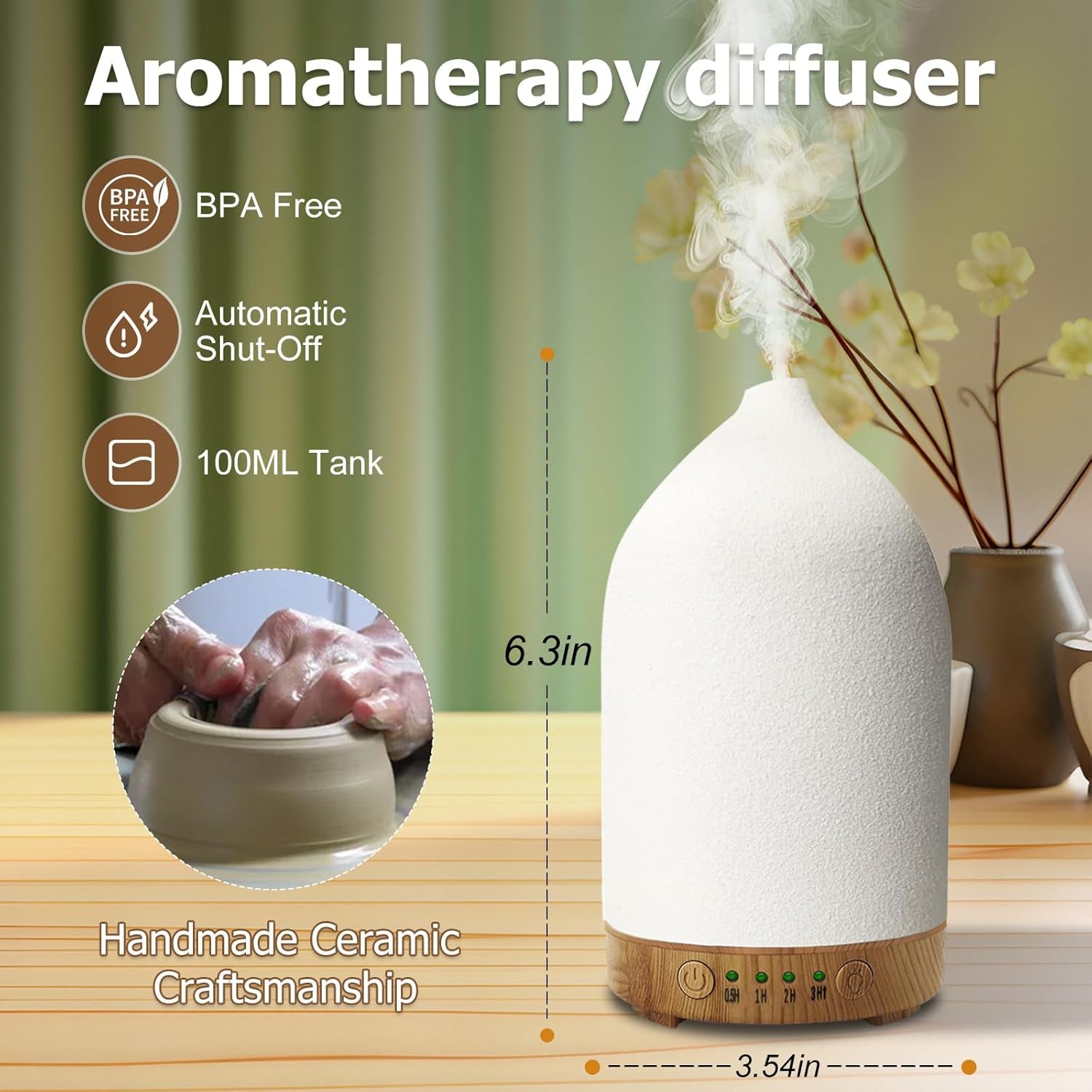 Essential Oil Diffuser Humidifiers, Aromatherapy Diffusers, Ceramic Essential Oil Diffuser, 7 Color LED Lights Auto Shut-Off, 4 Timer Mode for Office and Room 100ML White - The Wellness Shop London