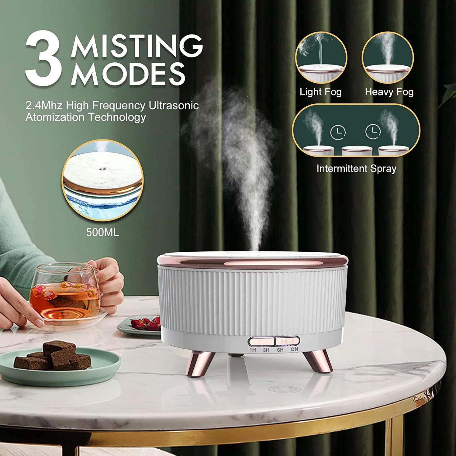 Diffusers for Essential Oils Large Room Humidifier, 500Ml Aromatherapy Diffuser Cool Mist Humidifier with Remote Control,7 Colors Lights & 3 Mist Mode Waterless Auto off for Women Office Home White - The Wellness Shop London