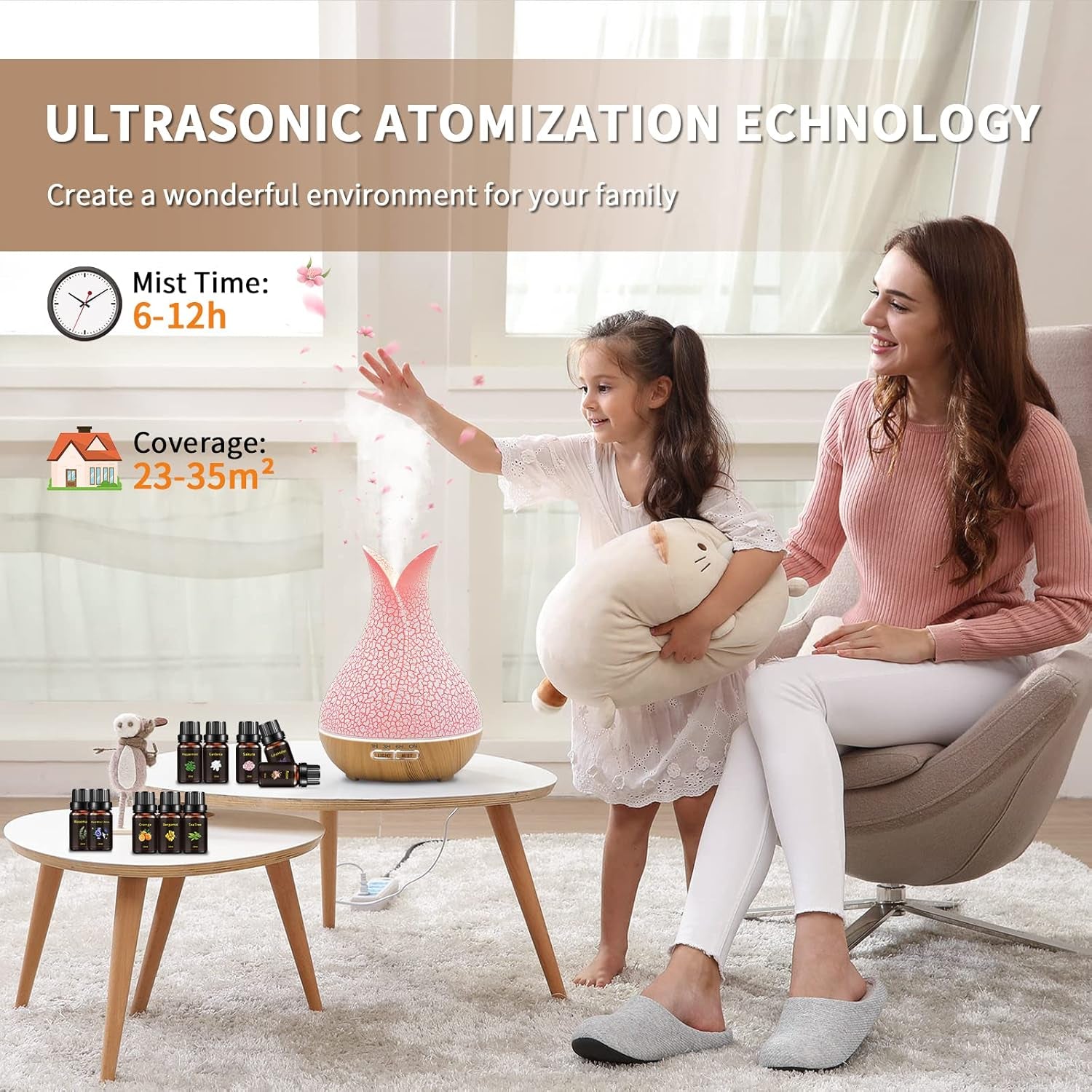500ML Essential Oil Diffuser with 10 Essential Oils Gift Set, Aromatherapy Diffuser Humidifier with 2 Mist Mode 4 Timers＆ 7 Ambient Light Waterless Auto off for Large Room Home Office - The Wellness Shop London