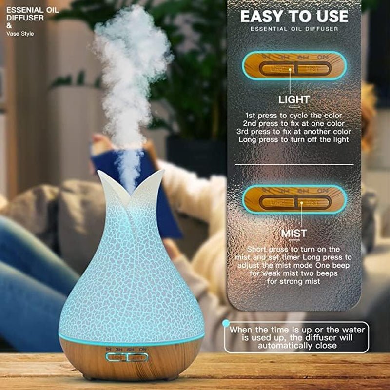500ML Essential Oil Diffuser with 10 Essential Oils Gift Set, Aromatherapy Diffuser Humidifier with 2 Mist Mode 4 Timers＆ 7 Ambient Light Waterless Auto off for Large Room Home Office - The Wellness Shop London