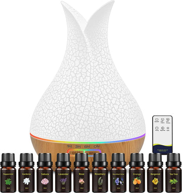 500ML Essential Oil Diffuser with 10 Essential Oils Gift Set, Aromatherapy Diffuser Humidifier with 2 Mist Mode 4 Timers＆ 7 Ambient Light Waterless Auto off for Large Room Home Office - The Wellness Shop London