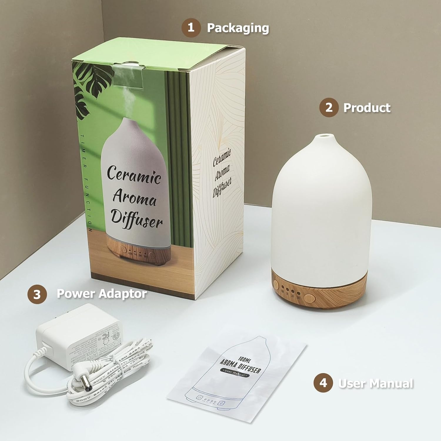 Essential Oil Diffuser Humidifiers, Aromatherapy Diffusers, Ceramic Essential Oil Diffuser, 7 Color LED Lights Auto Shut-Off, 4 Timer Mode for Office and Room 100ML White - The Wellness Shop London